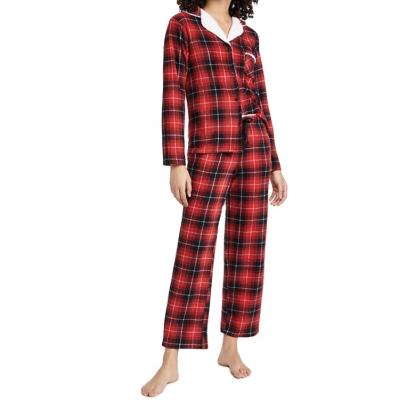 China Breathable Custom Private Label Soft Long Sleeve Plaid Knitted 2 Piece Sleepwear Set Cotton Women Winter Lounge Wear for sale