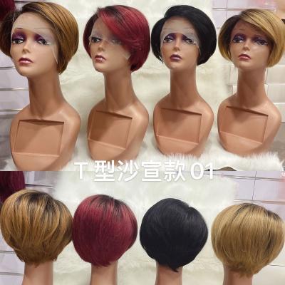 China Hot Beauty Straight 13x4 Lace Up Brazilian Short Bob Wig With Bang For Hair Colored Women Front Wigs Pixie Cut Wig Wholesale 100% for sale