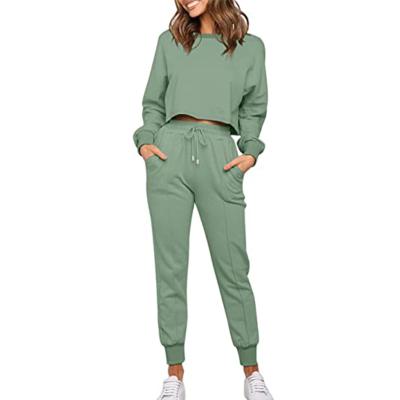 China Solid Color Breathable Two-Piece Outfit Women Long Sleeve Crewneck Pullover Crop Tops Tracksuits Sweatsuit for sale