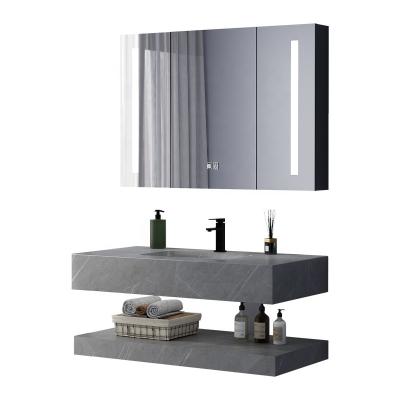 China Hot Selling Anti-scratch Wall Mount Bathroom Vanity With Rock Slate Basin With Mirror Cabinet Marble Top Bathroom Vanities for sale