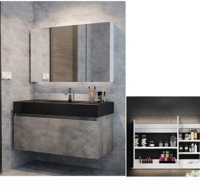 China New Modern Bathroom Furniture With Mirror Cabinet Wall Mounted Vanities With Black Rock Slate Basin Plywood Bathroom Vanity for sale