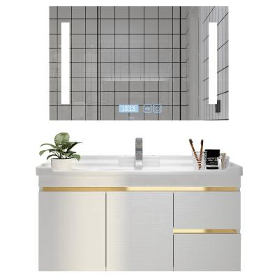 China Brave Blade Chinese Factory White Gold Ceramic Bathroom Sink Set With Mirror Cabinet Space Plywood Bathroom Cabinet Vanity for sale