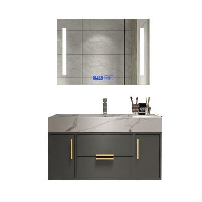 China New Chinese Luxury Bathroom Cabinet Set With Rock Slate Sink Led Mirror Cabinet With Plywood Material Bathroom Cabinet for sale