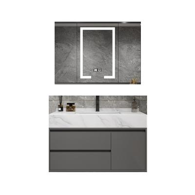 China Modern Hot Selling Bathroom Cabinet With Rock Slate Top Basin Wall Mounted Vanity With LED Mirror Cabinet Bathroom Cabinet for sale