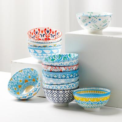 China 5inch Stocked Small Colorful Ceramic Salad Bowl Soup Bowls With Geometric Figure for sale