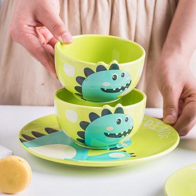 China Durable Durable Custom Printed Dinosaur Kids Divided To Plate Ceramic Dinner And Bowl for sale