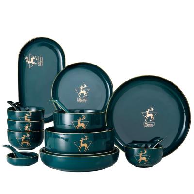 China Sustainable Luxury Gold Rim Green Ceramic Dish Dinner Plates Set With Deer Pattern for sale