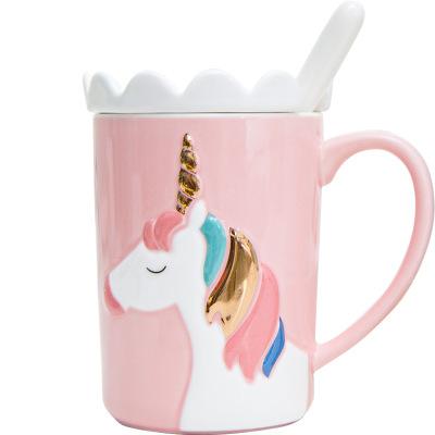 China New Cartoon Unicorn Pink Ceramic Coffee Mug Tea Stocked Ceramic Mug With Lid for sale