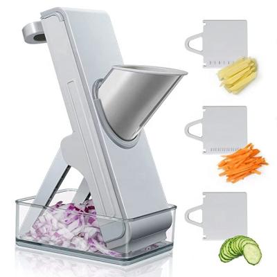 China Sustainable Safe Hand Pusher Fruit And Vegetable Cutter Potato Shredder Machine With Container And 3 Blades for sale