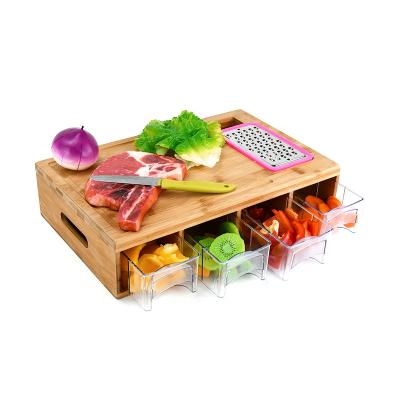 China Large Sustainable Bamboo 4 Drawers Storage Mandalin Acrylic Cutting Boards Cutting Board with Containers Drip Tray Vegetable Grater Slicer for sale