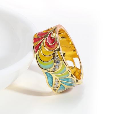 China New Vintage Ladies Fashion Jewelry 18k Gold Plated Feather Finger Ring Handmade Zircon Colorful Enamel Butterfly Ring For Party for sale