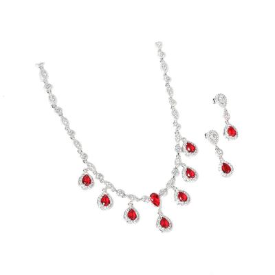 China TRENDY Custom Zircon Fashion Jewelry Bridal Necklace Earrings Set With Ruby White Diamonds for sale