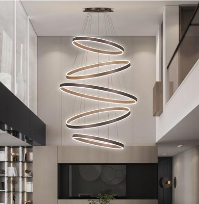 China Fashion Modern Brown Metal Ring 5 Ring Acrylic LED Stair Chandelier Custom Chandelier Stairs Lighting for sale