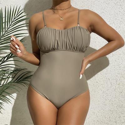 China 2023 Breathable One Piece Swimsuit Women New Monokini Summer Beach Wear Solid Ruched Bandeau Swimwear Jumpsuit Swimwear For Female for sale