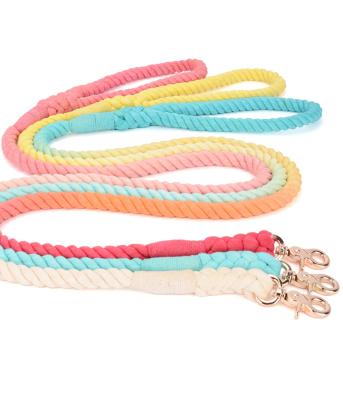 China Personalized Double-End Clip Wholesale Sublimation Candy Gradient Colorful Hand Dyed Modern Rope Cotton Dog Leash for sale