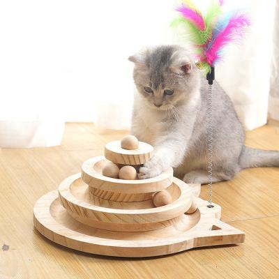 China Viable Wooden Cat Toy Turntable Pet Interactive Toy Cat Intellectual Track Funny Cat Play Scratcher Toy Multilayer Rotating Track Ball for sale