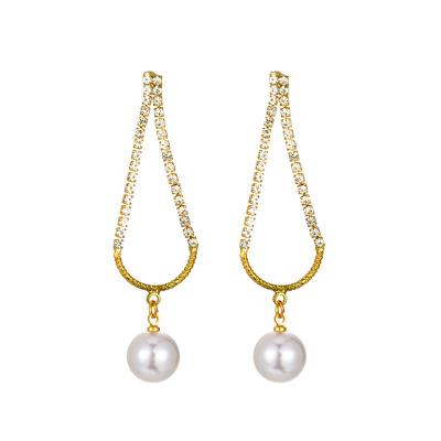 China New Women Cute Zircon Pattern Pendant Hanging Simple Long Drop Pearl Earring for sale