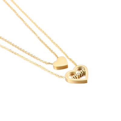 China Lovely CLASSIC Diamond Stainless Steel Mum 18K Plated Gold Double Heart Pendant Necklace for sale