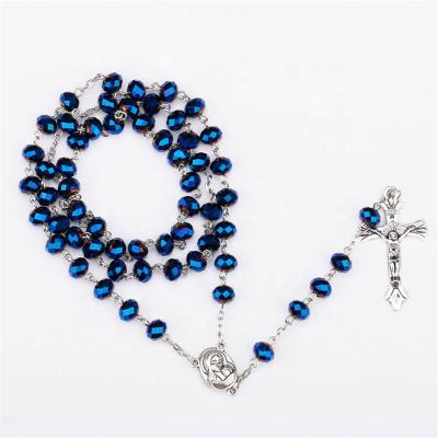 China Cheap Blue Crystal Rosary Necklace Catholic Bead Catholic Long Rosary Necklace for sale