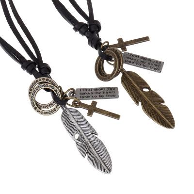 China Tribal Men's Leather Adjustable Feather Necklace Men's Leather Necklaces For Men for sale