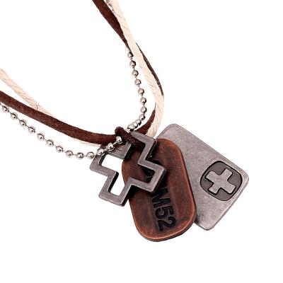 China ALLOY String Engraved Cross Pendant Men's Leather Necklace for sale