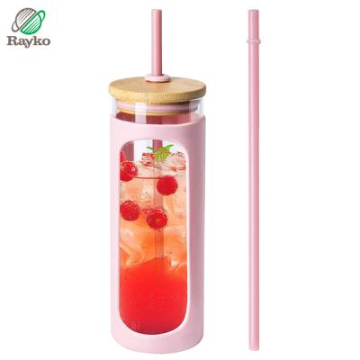 China Sustainable Custom Glass Water Tumbler With Lid And Straw Natural Bamboo Material Glass Water Bottle for sale