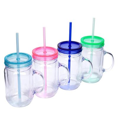 China Sustainable double wall plastic mason jar mug with colored handle. for sale