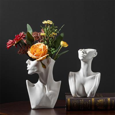 China Nordic Creative Home Figure Vase Side Face Decor Pot Europe Decorative Flower Crafts Show Northern White Unglazed for sale