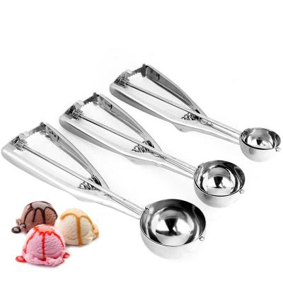 China Metal Stainless Steel Ice Cream Scoop Ice Cream Spoon Fruit Melon Baller Cookie Melon Scoop With Trigger Release for sale