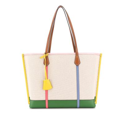 China Fashion New Fashionable Canvas Multicolor PU Leather Shoulder Bag Women LargeTote Bag for sale