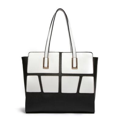 China Fashion Women's Tote Bag Black Joint Color PU Shoulder Bag Elegant Splicing Leather Custom Large for sale