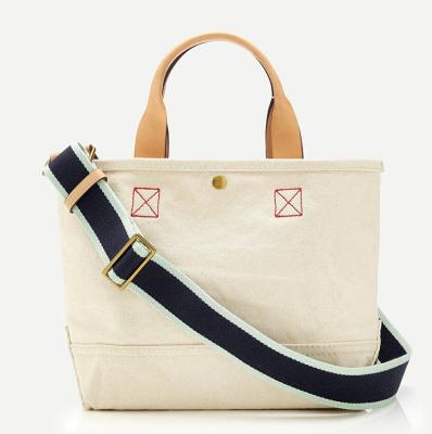 China ENGLAND STYLE Women Casual Natural Canvas Color Trim Tote Bag Ladies Cotton Stripe Strap Beach Genuine Leather Bag for sale