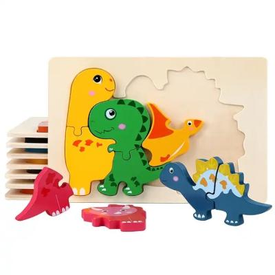 China Educational Wooden Toy 3D Dinosaur Puzzle Montessori Game Children Learning Educational Toys Cartoon Animal Puzzles for sale