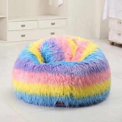 China Cozy Home Living Room Furniture Rainbow Faux Fur Colorful Plush Fur Round Bean Bag Chair for sale