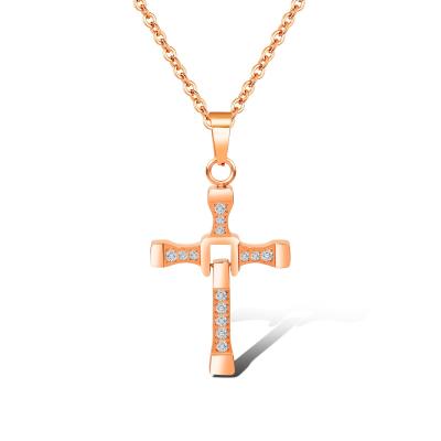 China Religious Titanium Steel Plated Rose Gold Short Diamond Religious Cross Clavicle Chain Necklace Pendant Female for sale