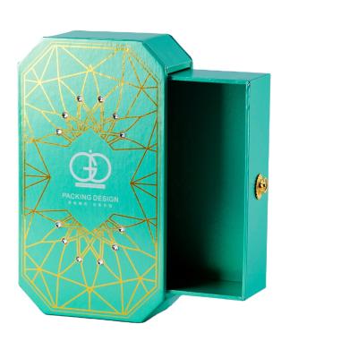 China Handmade Unique Design Cosmetic Paper Box Drawer Diamond-encrusted Box With Lock Perfume Packaging Box For Perfume Bottle for sale