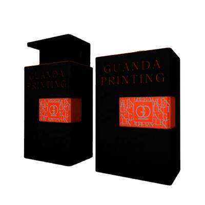 China Handmade Unique Perfume Gift Box Debossed Design Cardboard Drawer Box Cosmetic Black Orange Perfume Packaging Box for sale