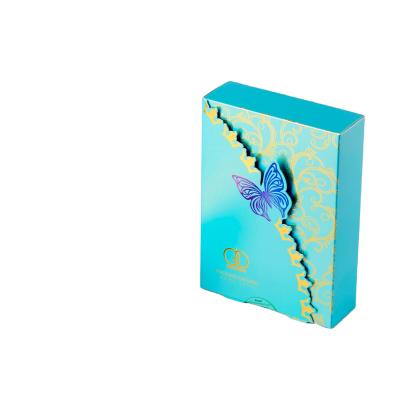 China Beautiful Design Handmade Cosmetic Perfume Box Light Blue Folder Box With Butterfly Decorative Luxury Gift Box for sale