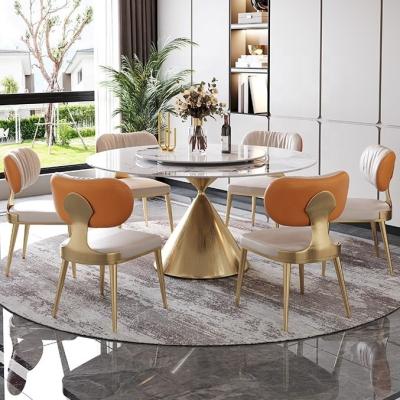 China New Design Set Around Gold Metal Leg Stone Dining Table Inlay Lazy Susan With Modern Dining Room Furniture Set Of 8 Gold Metal Chairs for sale