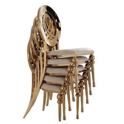 China Restaurant Strong Selling Luxury Modern Event Furniture Gold Stainless Steel Stackable High Back Wedding Dining Chairs for sale