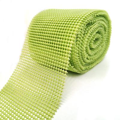 China Sustainable Manufacturer Lines 24 Light Green Plastic Trimming Pearl Beaded Mesh For Clothes Decoration for sale