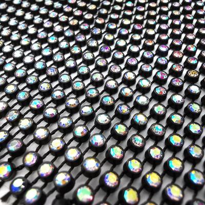 China Pointback fashion ss6 ab color rhinestone crystal mesh net fabric black plastic low elastic sheet for wedding decor for sale