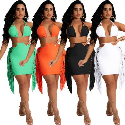 China 2022 summer fashion bikini top set tasseld QUICK DRY skirt set women two pieces of skirts set for sale