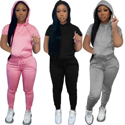 China QUICK DRY Spring/Summer Fashion Women Set Two Piece Solid Color Sportswear Hooded Short Sleeve Suit for sale