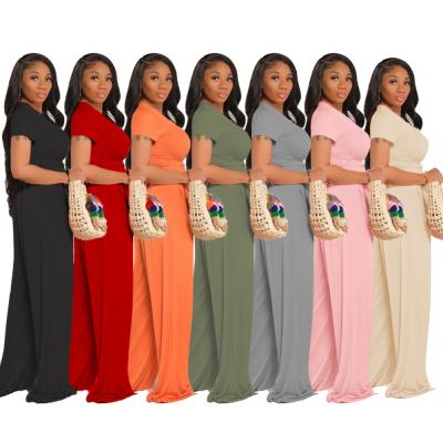 China 2022 Summer Women Solid Color QUICK DRY Two Piece Set Short Sleeve Tops High Waist Wide Leg Long Pants for sale