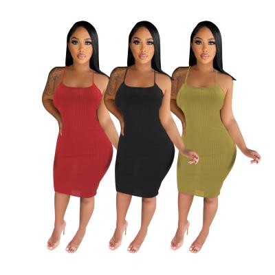 China Anti-Wrinkle Solid Color Fashionable Women Tie Up Midi Bodycon Dresses for sale