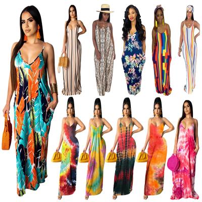 China 2022 Anti Static Fashion Cotton Casual Loose Slip Printed Sleeveless Maxi Dress Women for sale