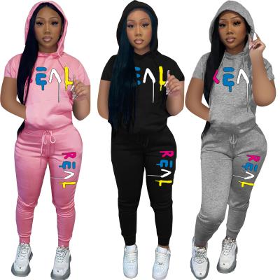 China 2022 Summer Fashion Women QUICK DRY Two Piece Set Solid Color Printed Sports Hooded Short Sleeve Set for sale