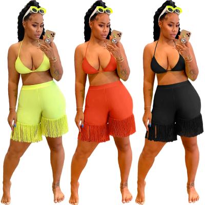 China 2022 Summer Fashion Chest Wrap QUICK DRY Vest Tops Sets Women Tassel Shorts Two Piece Set for sale