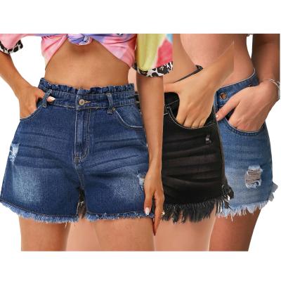 China 2022 summer fashion women's QUICK DRY jeans washed ripped holes and tassels thin printed denim shorts women's pants for sale